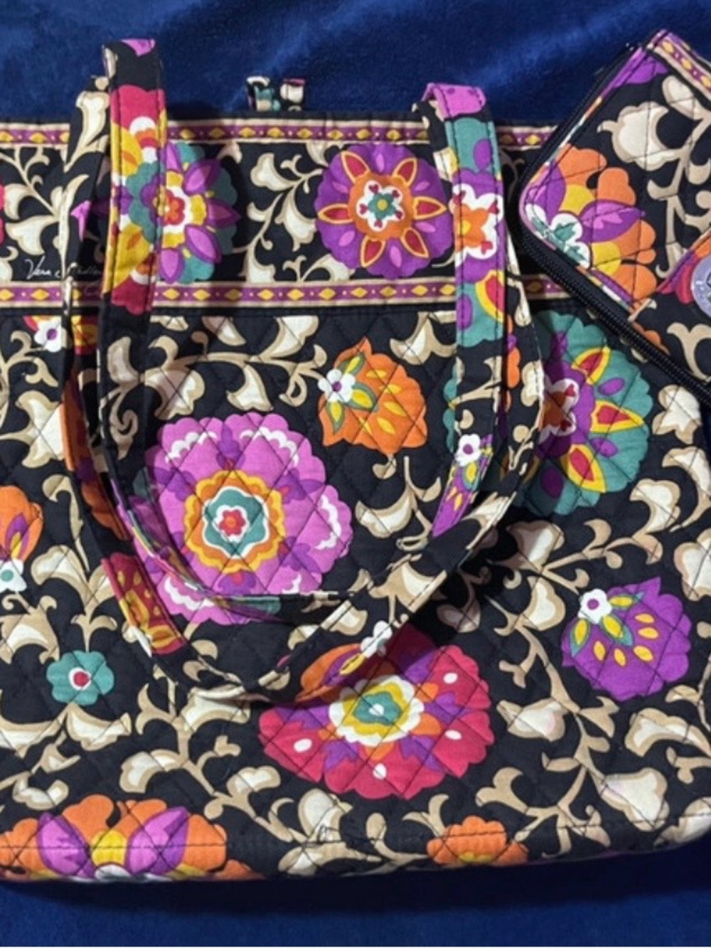 Vera Bradley Quilted Floral Tote in Black with Purple, Orange & Pink
